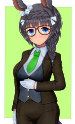 Rule 34 | 1girl, absurdres, alternate costume, animal ears, black-framed eyewear, black hair, black pants, black pantyhose, black vest, blue eyes, blush, border, braid, braided ponytail, breasts, closed mouth, collared shirt, commentary request, cowboy shot, crown braid, ear ornament, gloves, green background, green necktie, highres, horse ears, horse girl, horse tail, long hair, long sleeves, looking at viewer, m172/minatsu, medium breasts, necktie, pants, pantyhose, ponytail, shirt, solo, tail, umamusume, vest, white border, white gloves, white shirt, zenno rob roy (umamusume)