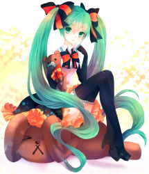 Rule 34 | 1girl, bad id, bad pixiv id, boots, bow, bowtie, detached sleeves, green eyes, green hair, hair bow, hatsune miku, high heels, highres, long hair, matching hair/eyes, nail polish, q-chiang, sitting, skirt, smile, solo, stuffed animal, stuffed toy, teddy bear, thigh boots, thighhighs, twintails, very long hair, vocaloid