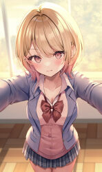 1girl blonde_hair blue_jacket blush bow bowtie breasts buttons cleavage closed_mouth collarbone collared_shirt commentary_request cowboy_shot eyes_visible_through_hair gradient_hair grey_skirt highres indoors jacket long_sleeves looking_at_viewer medium_breasts medium_hair miniskirt multicolored_hair original pink_eyes pink_hair pinstripe_bow pinstripe_bowtie plaid_clothes plaid_skirt pleated_skirt red_bow red_bowtie shirt side_part skirt smile solo white_shirt window wing_collar yugaa