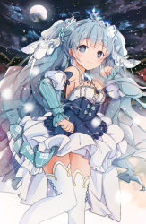 Rule 34 | 1girl, amulet, beamed eighth notes, blue dress, blue eyes, blue hair, bondson, chinese commentary, commentary, detached sleeves, dress, eighth note, feet out of frame, fortissimo, framed breasts, frilled dress, frills, full moon, hair ornament, hand up, hatsune miku, highres, layered dress, light blue hair, long hair, moon, musical note, musical note hair ornament, night, princess, puffy detached sleeves, puffy sleeves, quarter note, sleeveless, sleeveless dress, smile, snowing, solo, strapless, strapless dress, thighhighs, tiara, twintails, very long hair, vocaloid, white thighhighs, yuki miku, yuki miku (2019), zettai ryouiki