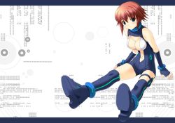 Rule 34 | 1girl, bodysuit, boots, breasts, brown hair, center opening, cleavage, green eyes, kinoshita ichi, large breasts, looking at viewer, navel, short hair, sitting, sleeveless, solo, thigh boots, thigh strap, thighhighs