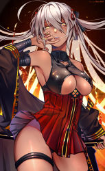 Rule 34 | 1girl, artist name, breasts, commentary request, dark skin, dark-skinned female, detached sleeves, fate/grand order, fate (series), fingernails, hair between eyes, hair ornament, hair ribbon, hand on weapon, hand up, large breasts, long fingernails, long hair, looking at viewer, march ab, nail polish, okita souji alter (fate), okita souji (fate), parted lips, ponytail, ribbon, shirt, silver hair, sleeveless, sleeveless shirt, solo, thigh strap, thighs, underboob, upper body, yellow eyes, yellow nails