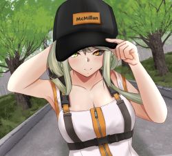 Rule 34 | 1girl, backpack, bag, black headwear, blush, braid, breasts, closed mouth, collarbone, french braid, girls&#039; frontline, green eyes, green hair, hand on head, hand on headwear, heterochromia, highres, long hair, looking at viewer, road, simple background, smile, solo focus, street, tac-50 (girls&#039; frontline), taishi karibe, yellow eyes