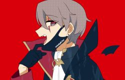 Rule 34 | 1boy, akechi hideki, blonde hair, blue eyes, cape, demon wings, facing to the side, gloves, highres, kashii kaoru, long sleeves, looking at viewer, mahjong soul, male focus, multicolored eyes, red background, red eyes, scar, short hair, solo, vampire (vocaloid), vocaloid, wings