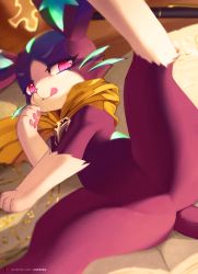 Rule 34 | 1girl, ancesra, animal ears, animal hands, animal nose, artist name, body fur, book, cape, cat ears, cat girl, cat tail, closed mouth, female focus, flat chest, furry, furry female, green fur, half-closed eyes, hand up, happy, highres, league of legends, leg lift, leg up, licking lips, looking at viewer, lying, multicolored fur, no pussy, on side, open book, patreon logo, patreon username, pawpads, pen, purple fur, red eyes, runes, smile, solo, spread legs, tail, tongue, tongue out, v-shaped eyebrows, watermark, web address, whiskers, white fur, yellow cape, yuumi (league of legends)