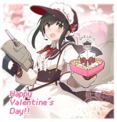 Rule 34 | 1boy, 1girl, adapted turret, admiral (kancolle), black hair, bound, box, brown sailor collar, clothing request, dress, floral background, frilled dress, frilled headwear, frills, fubuki (kancolle), green eyes, happy valentine, heart-shaped box, highres, kantai collection, long sleeves, ma rukan, ponytail, puffy sleeves, red ribbon, ribbon, sailor collar, short ponytail, tied up (nonsexual), turret, uniform, valentine