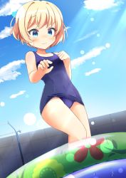 Rule 34 | 1girl, blonde hair, blue eyes, blue one-piece swimsuit, blue sky, cloud, commentary request, day, feet out of frame, fence, flat chest, highres, inakami, jashin-chan dropkick, lierre, old school swimsuit, one-piece swimsuit, outdoors, school swimsuit, short hair, sky, solo, swimsuit, wading pool
