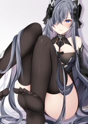 Rule 34 | 1girl, absurdres, august von parseval (azur lane), azur lane, breast curtains, breasts, clothing cutout, commission, cross, curled horns, detached sleeves, gradient background, grey background, hair over one eye, highres, horns, iron cross, large breasts, long hair, looking at viewer, mechanical horns, one eye covered, origami aya, signature, sitting, skeb commission, solo, underboob cutout, very long hair, wide sleeves