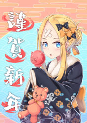 Rule 34 | 1girl, abigail williams (fate), absurdres, alternate hairstyle, black bow, black kimono, blonde hair, blue eyes, blush, bow, candy apple, commentary request, crossed bandaids, earrings, egasumi, fate/grand order, fate (series), floral print, food, hair bow, hair bun, hair up, hands up, highres, holding, holding food, japanese clothes, jewelry, kimono, long hair, long sleeves, looking at viewer, orange bow, parted bangs, parted lips, polka dot, polka dot bow, print kimono, sidelocks, single hair bun, sleeves past fingers, sleeves past wrists, solo, stuffed animal, stuffed toy, teddy bear, translation request, upper body, zongren