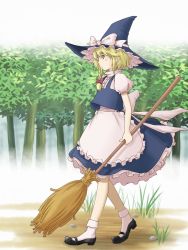 Rule 34 | 1girl, blonde hair, braid, broom, eau, female focus, forest, full body, hat, kirisame marisa, nature, outdoors, plant, skirt, solo, touhou, walking, witch, witch hat