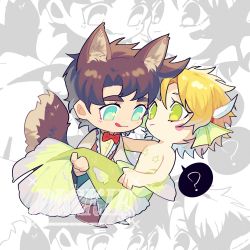 Rule 34 | 2boys, :3, ?, absurdres, aged down, animal ears, battle tendency, blonde hair, blue eyes, bow, bowtie, brown hair, caesar anthonio zeppeli, carrying, chibi, child, dog ears, dog tail, facial mark, feather hair ornament, feathers, green eyes, hair ornament, highres, jojo no kimyou na bouken, joseph joestar, joseph joestar (young), kemonomimi mode, licking lips, male focus, merman, monster boy, multiple boys, pasties, pickieeeee, princess carry, star pasties, tail, tongue, tongue out, zoom layer