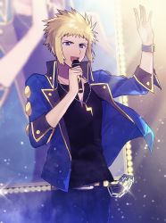 Rule 34 | 1boy, black shirt, blonde hair, blue eyes, blue jacket, blurry, blurry background, chain, commentary request, creatures (company), game freak, hand up, highres, holding, holding microphone, jacket, jewelry, male focus, microphone, necklace, nintendo, open clothes, open jacket, open mouth, oshi taberu, pants, pokemon, pokemon dppt, shirt, smile, solo, spiked hair, teeth, tongue, volkner (pokemon)