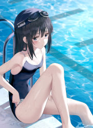 Rule 34 | 1girl, armpits, black hair, blue eyes, blush, competition school swimsuit, goggles, goggles on head, hair between eyes, highres, kanzi, legs, looking at viewer, medium hair, name tag, one-piece swimsuit, original, pool, pool ladder, poolside, school swimsuit, sidelocks, sitting, solo, swim cap, swimsuit, thighs, wet, wet clothes, wet swimsuit