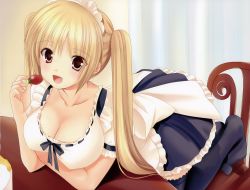 Rule 34 | 1girl, :d, absurdres, azuma yuki, black thighhighs, blonde hair, breasts, chair, cleavage, collarbone, eyes visible through hair, food, fruit, highres, holding, indoors, large breasts, long hair, looking at viewer, maid, maid headdress, open mouth, original, scan, short sleeves, smile, solo, strawberry, thighhighs, twintails