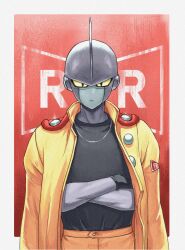 Rule 34 | 1boy, absurdres, black eyes, black shirt, colored skin, commentary, crossed arms, dragon ball, dragon ball super, dragon ball super super hero, english commentary, gamma 1, grey skin, highres, jacket, jacket on shoulders, jenxd d, jewelry, male focus, necklace, red ribbon army, shirt, signature, solo, upper body