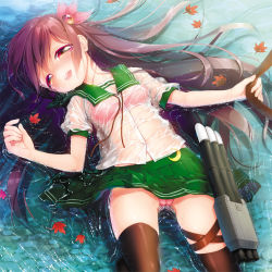 Rule 34 | 10s, 1girl, afloat, bra, brown eyes, brown hair, brown thighhighs, crescent, dutch angle, floating, flower, green skirt, hair flower, hair ornament, in water, kantai collection, kisaragi (kancolle), leaf, long hair, looking to the side, lying, maple leaf, minami (apricot tea), on back, open mouth, panties, pantyshot, partially submerged, pink bra, pink panties, pleated skirt, puffy short sleeves, puffy sleeves, ripples, school uniform, see-through, serafuku, short sleeves, skirt, solo, thighhighs, underwear, water, wet, wet clothes