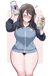 Rule 34 | 1girl, alcohol, amogan, bare legs, beer, beer can, black panties, blush, breasts, brown hair, can, closed eyes, closed mouth, collarbone, commentary request, dot nose, drink can, drooling, drunk, foam, girls und panzer, head tilt, highres, holding, holding can, jacket, keizoku military uniform, large breasts, long hair, long sleeves, mika (girls und panzer), no pants, nose blush, panties, saliva, school uniform, shiny skin, smile, solo, squeans, underwear, uniform