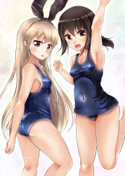 Rule 34 | 10s, 2girls, black eyes, black hair, blonde hair, blush, breasts, brown eyes, covered navel, fubuki (kancolle), gradient background, hair ribbon, hairband, highres, kantai collection, long hair, looking at viewer, multiple girls, one-piece swimsuit, open mouth, ribbon, school swimsuit, shimakaze (kancolle), shino (lunar crescent), sideboob, small breasts, swimsuit