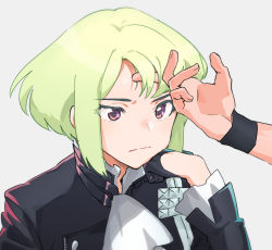 Rule 34 | 1boy, 2boys, armband, ascot, black gloves, black jacket, closed mouth, forehead, frown, galo thymos, gloves, green hair, half gloves, jacket, lio fotia, male focus, multiple boys, ns1123, promare, purple eyes, solo focus