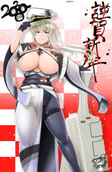 Rule 34 | 1girl, 2020, absurdres, adapted costume, black gloves, blonde hair, blue eyes, breasts, breasts out, capelet, closed mouth, collarbone, flight deck, fur trim, gloves, graf zeppelin (kancolle), grey kimono, hat, highres, huge breasts, japanese clothes, kantai collection, kimono, looking at viewer, pantyhose, peaked cap, rigging, saizu nitou gunsou, sidelocks, smile, solo, standing, thighband pantyhose, twintails