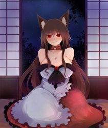 Rule 34 | 1girl, animal ears, arano oki, bare shoulders, blush, breasts, brooch, brown hair, cleavage, collar, dress, imaizumi kagerou, jewelry, large breasts, long hair, long sleeves, looking at viewer, pet, red eyes, sitting, smile, solo, touhou, very long hair, wolf ears