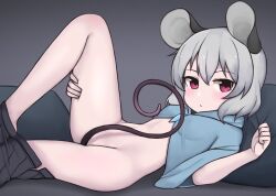 Rule 34 | 1girl, animal ears, black skirt, blue capelet, blush, breasts, capelet, closed mouth, commentary, crystal, expressionless, feet out of frame, grey background, grey hair, hair between eyes, looking at viewer, lying, medium bangs, mouse ears, mouse girl, mouse tail, nazrin, nuclear cake, nude, on back, pillow, pleated skirt, reclining, red eyes, short hair, skirt, skirt around ankles, small breasts, solo, tail, tail censor, touhou, undressing