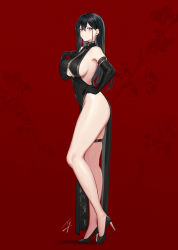 Rule 34 | 1girl, bare shoulders, black dress, black footwear, black gloves, black hair, blush, breasts, china dress, chinese clothes, clothing cutout, dress, earrings, elbow gloves, from side, full body, gloves, hair between eyes, hand on own hip, hayabusa (vert 320), high heels, highres, jewelry, large breasts, legs, long hair, looking at viewer, mole, mole on breast, mole under eye, mole under mouth, no bra, no panties, original, parted lips, pelvic curtain, purple eyes, raiden (hayabusa), red background, sideboob, skindentation, solo, straight hair, thigh gap, thigh strap, thighs, underboob, underboob cutout