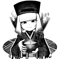 Rule 34 | 1girl, blunt bangs, breasts, cup, disembodied hand, fate/grand order, fate (series), female focus, ghost hands, gradient hair, greyscale, hat, highres, japanese clothes, kimono, long sleeves, looking at viewer, medium hair, monochrome, multicolored hair, sen no rikyu (fate), sen no rikyu (second ascension) (fate), small breasts, smile, solo, tea, tulxe, upper body, wide sleeves, yunomi