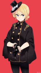 Rule 34 | 10s, 1girl, adjusting clothes, adjusting gloves, bad id, bad pixiv id, black coat, black gloves, black hat, black pantyhose, blonde hair, blue eyes, bow, braid, breasts, buttons, closed mouth, coat, cowboy shot, darjeeling (girls und panzer), double-breasted, flower, formal, fur-trimmed gloves, fur trim, girls und panzer, gloves, hair between eyes, hat, hat bow, hat ribbon, highres, kerorira, looking at viewer, medium breasts, mini hat, mini top hat, pantyhose, red background, ribbon, simple background, smile, solo, striped ribbon, top hat, twitter username, white bow, white flower, wide sleeves