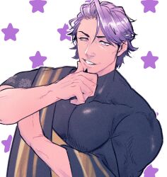 Rule 34 | 1boy, black shirt, duryodhana (fate), earrings, facial hair, fate/grand order, fate (series), gas pai, goatee, highres, jewelry, looking at viewer, male focus, mature male, muscular, muscular male, necklace, pectorals, purple eyes, purple hair, sash, shirt, short hair, shoulder sash, solo, star (symbol), starry background, white background