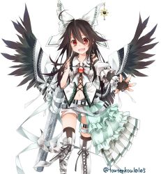 Rule 34 | 1girl, alternate costume, alternate weapon, arm cannon, black hair, boots, bow, cross-laced footwear, fingerless gloves, gloves, hair bow, lace-up boots, long hair, open mouth, red eyes, reiuji utsuho, ribbon, simple background, smile, solo, third eye, touhou, toutenkou, weapon, wings