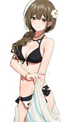 Rule 34 | 1girl, bangle, bare shoulders, bikini, black bikini, blush, bracelet, breasts, brown eyes, brown hair, cleavage, closed mouth, collarbone, cowboy shot, curly hair, flower, front-tie top, gin00, hair flower, hair ornament, hair over shoulder, highres, idolmaster, idolmaster shiny colors, jewelry, kuwayama chiyuki, long hair, looking at viewer, medium breasts, necklace, ponytail, see-through, side-tie bikini bottom, simple background, smile, solo, swimsuit, two-tone bikini, water drop, wet, white background, white flower