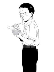 Rule 34 | akira (manga), bad id, bad pixiv id, cup ramen, eating, greyscale, highres, lafolie, male focus, monochrome, sawamura tetsuo, shochuumimai, simple background, solo, white background