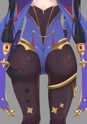 Rule 34 | 1girl, absurdres, artist request, ass, ass grab, black hair, cape, deep skin, from behind, genshin impact, gloves, hair ornament, head out of frame, highres, leotard, long hair, mona (genshin impact), pantyhose, shiny clothes, solo, thighlet, twintails, very long hair