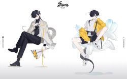 Rule 34 | 1boy, absurdres, arknights, artist name, balloon, balloon animal, bishounen, black hair, bouquet, corroserum (arknights), english text, flower, formal, full body, hair over one eye, highres, jacket, jacknife, male focus, one eye covered, pointy ears, shoes, short hair, shorts, simple background, sitting, slit pupils, socks, solo, suit, white background, yellow eyes, yellow jacket
