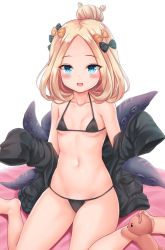 Rule 34 | 1girl, :d, abigail williams (fate), abigail williams (traveling outfit) (fate), bare legs, bare shoulders, barefoot, bed sheet, bikini, black bikini, black bow, black jacket, blonde hair, blue eyes, blush, bow, breasts, collarbone, commentary request, fate/grand order, fate (series), feet, female focus, forehead, groin, hair bow, hair bun, hands up, heroic spirit traveling outfit, high collar, hip focus, jacket, legs, long hair, long sleeves, looking at viewer, micro bikini, milkshakework, navel, off shoulder, official alternate costume, open clothes, open jacket, open mouth, orange bow, parted bangs, polka dot, polka dot bow, round teeth, simple background, single hair bun, sitting, sleeves past fingers, sleeves past wrists, small breasts, smile, solo, stuffed animal, stuffed toy, suction cups, swimsuit, teddy bear, teeth, tentacles, thighs, upper teeth only, wariza, white background