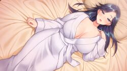 Rule 34 | 1girl, arm at side, bed, blue eyes, blue hair, blush, breasts, cleavage, female focus, from above, game cg, hand on own chest, hand up, hayami madoka, indoors, large breasts, legs, long hair, looking at viewer, lying, on bed, original, parted lips, pillow, rin to shita tsuma wa, hitoshirezu midarazuma e to ochite, robe, solo, thighs, un equals shokutarou