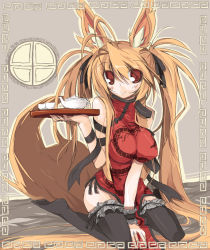 1girl animal_ears bad_id bad_pixiv_id breasts brown_hair china_dress chinese_clothes dress endou_chihiro female_focus impossible_clothes large_breasts long_hair looking_at_viewer no_panties original red_eyes smile solo tail thighhighs very_long_hair