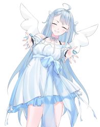 Rule 34 | 1girl, ^ ^, ahoge, amatsuka uto, angel, angel wings, blue bow, bow, closed eyes, dress, head tilt, highres, indie virtual youtuber, kuroi enpitsu, long hair, off-shoulder dress, off shoulder, open hands, outstretched arms, silver dress, silver hair, smile, solo, two side up, very long hair, virtual youtuber, wing hair ornament, wings