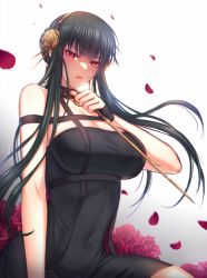 Rule 34 | 1girl, bare shoulders, black dress, black gloves, black hair, breasts, cleavage, closed mouth, covered navel, dagger, dress, earrings, fingerless gloves, flower, gloves, gold earrings, gold hairband, gradient background, hair flower, hair ornament, hairband, highres, holding, holding weapon, jewelry, knife, long hair, looking at viewer, looking down, petals, raoul (raoul77), red eyes, red flower, red rose, rose, sidelocks, simple background, sleeveless, sleeveless dress, solo, spikes, spy x family, upper body, weapon, white background, yor briar