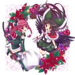 Rule 34 | 2girls, :d, animal ears, bell, black hair, black wings, boots, bow, braid, breasts, brown eyes, cape, cat ears, cat tail, christmas, cleavage, gloves, hair bow, hair ornament, hayabusa koi, high heel boots, high heels, kaenbyou rin, long hair, multiple girls, multiple tails, open mouth, pointy ears, red gloves, red hair, reiuji utsuho, smile, tail, thighhighs, touhou, twin braids, wings, zettai ryouiki