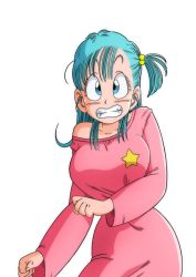 Rule 34 | 1girl, blue eyes, blush, breasts, bulma, clenched teeth, cowboy shot, dragon ball, dragon ball (classic), dress, female focus, green hair, hair bobbles, hair ornament, hand up, large breasts, long dress, long hair, long sleeves, looking at viewer, nervous, nose blush, off-shoulder dress, off shoulder, one side up, pajamas, pink dress, ponytail, side ponytail, solo, standing, teeth, transparent background, yamamoto doujin