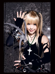 Rule 34 | 1girl, amane misa, amane misa (cosplay), asian, blade, blonde hair, blue eyes, breasts, color contacts, cosplay, cross, cross necklace, death note, elbow gloves, fingerless gloves, fishnet thighhighs, fishnets, gloves, highres, indoors, jewelry, kipi-san, lace, long hair, looking at viewer, necklace, photo (medium), small breasts, solo, thighhighs, torn clothes, two side up