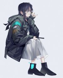Rule 34 | 1girl, arknights, black hair, black jacket, boots, controller, doctor (arknights), female doctor (arknights), full body, highres, jacket, long hair, nail polish, pienahenggou, purple eyes, remote control, simple background, sitting, solo, white background, yellow nails