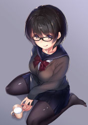 Rule 34 | 1girl, :q, between legs, black-framed eyewear, black hair, black pantyhose, black skirt, blazer, bow, bowtie, breasts, brown jacket, buttons, closed mouth, collarbone, cup, eyebrows, fingernails, from above, full body, glasses, grey background, hand between legs, highres, jacket, kagematsuri, looking at viewer, looking up, medium breasts, milk, multicolored eyes, nail polish, original, pantyhose, pink lips, purple background, purple eyes, red bow, red bowtie, school uniform, serafuku, shiny clothes, short hair, simple background, sitting, skirt, sleeves past wrists, smile, solo, spread legs, tongue, tongue out, v arms, wariza, white nails, yellow eyes
