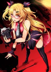 Rule 34 | 1girl, :d, absurdres, agetama, akatsuki uni, black footwear, blonde hair, boots, fangs, floating hair, full body, high heel boots, high heels, highres, holding, leaning forward, long hair, miniskirt, open mouth, pleated skirt, red eyes, skirt, sleeveless, smile, solo, standing, thigh boots, thighhighs, two side up, uni create, vampire, very long hair, virtual youtuber, wrist cuffs, zipper