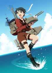 Rule 34 | 1girl, adapted turret, black hair, black socks, black neckerchief, blue sky, boots, brown sailor collar, brown serafuku, brown shorts, cannon, cloud, commentary request, commission, cross-laced footwear, day, green eyes, headband, kantai collection, kneehighs, lace-up boots, long sleeves, machinery, mogami (kancolle), nao (nao eg), neckerchief, open mouth, outdoors, sailor collar, school uniform, serafuku, short hair, shorts, skeb commission, sky, smokestack, socks, solo, turret, white headband