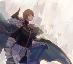 Rule 34 | 1boy, 5others, armor, black gloves, blonde hair, blue cape, blue eyes, cape, collared cape, crowd, excalibur galatine (fate), fate/extra, fate/grand order, fate (series), fur collar, gauntlets, gawain (fate), gloves, highres, holding, holding sword, holding weapon, knight, knights of the round table (fate), long sleeves, looking to the side, lousun, male focus, multiple others, short hair, solo focus, sword, weapon