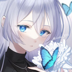 Rule 34 | 1girl, blue eyes, bug, butterfly, cross, cross necklace, expressionless, flower, highres, insect, jewelry, long hair, looking at viewer, lushuao, necklace, portrait, project sekai, solo, turtleneck, white hair, yoisaki kanade