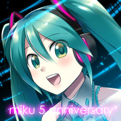 Rule 34 | 1girl, caffein, character name, green eyes, green hair, hatsune miku, headset, looking at viewer, matching hair/eyes, md5 mismatch, necktie, open mouth, portrait, solo, twintails, vocaloid